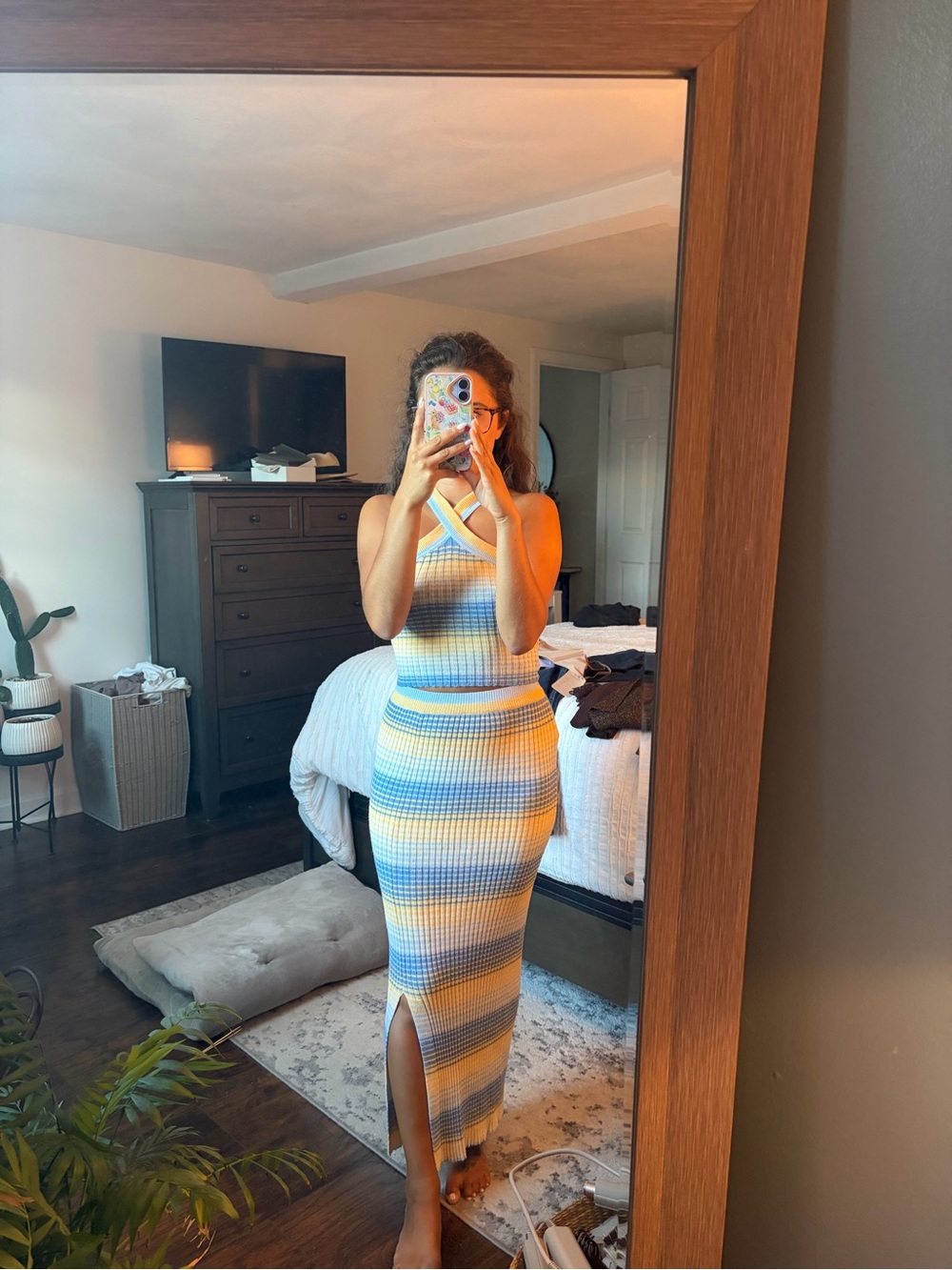 Jessica Simpson Blue, White & Yellow Striped two piece skirt set
